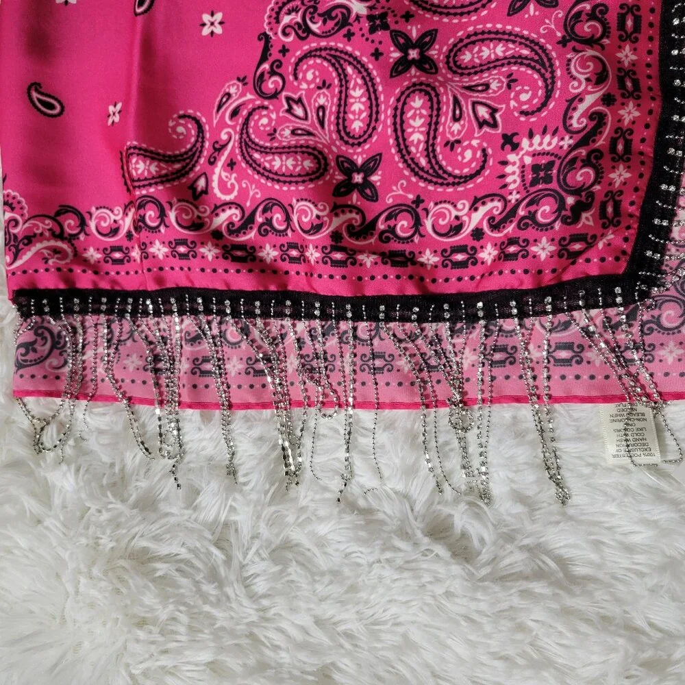 Versona Pink Bandana Scarf with Bling Fringe
